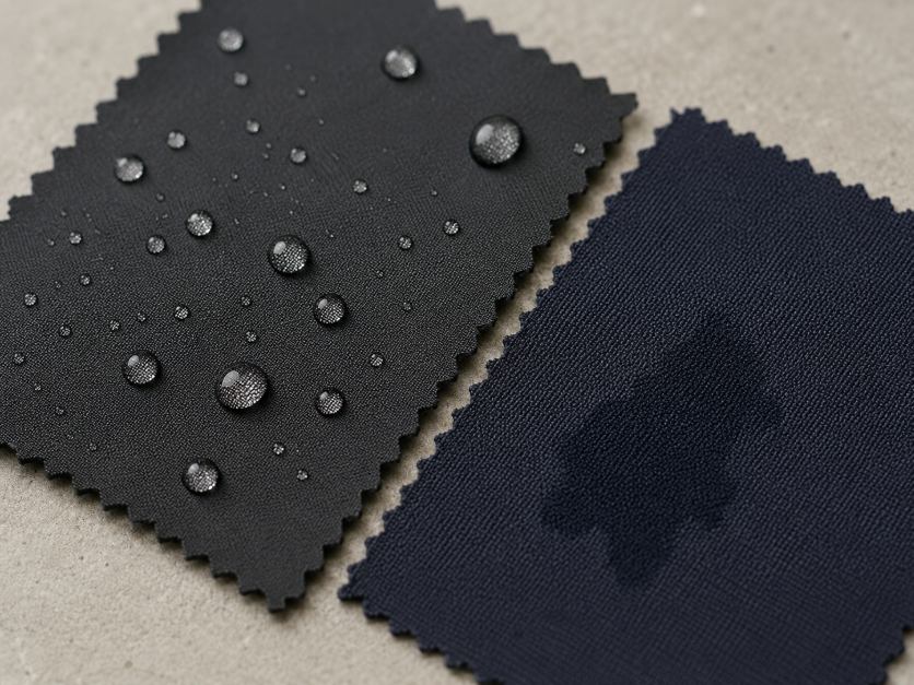 Water beads on coated polyester fabric beside an uncoated nylon fabric sample for water resistance comparison