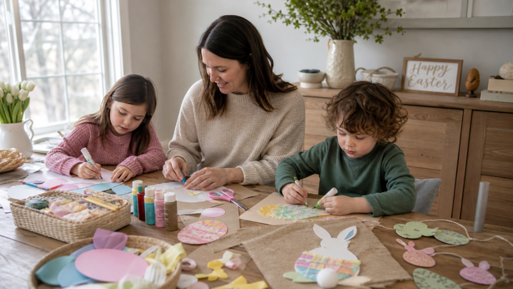 Family making Easter crafts together at a table with painted eggs, bunny cutouts, fabric scraps, and Easter decorations