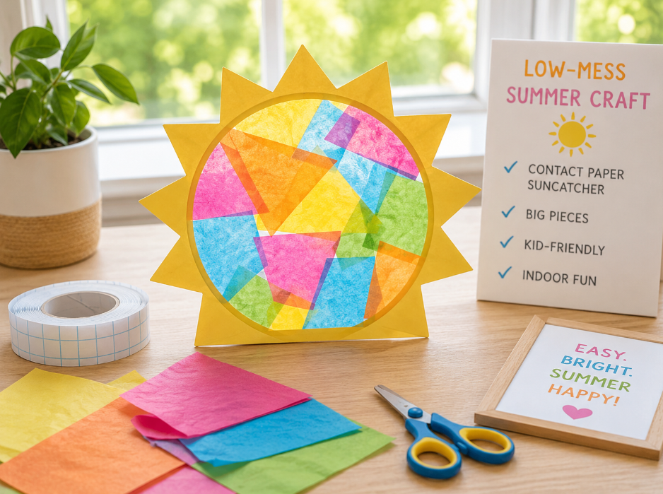 Contact-paper suncatcher made with large tissue or fabric pieces for a low-mess indoor summer craft.