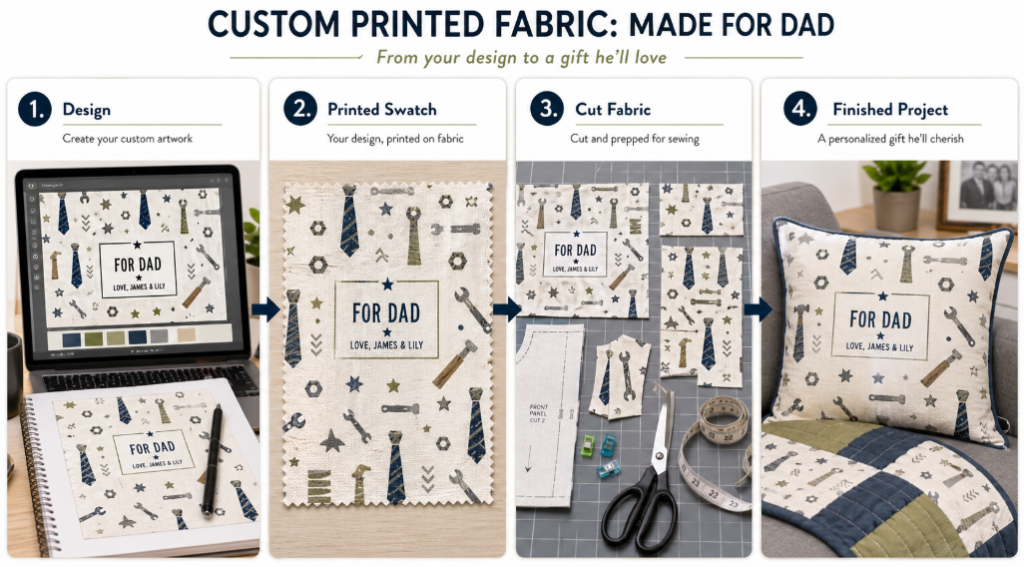 Custom printed Father’s Day fabric workflow showing design artwork, printed fabric swatch, cut yardage, and finished personalized gift project.