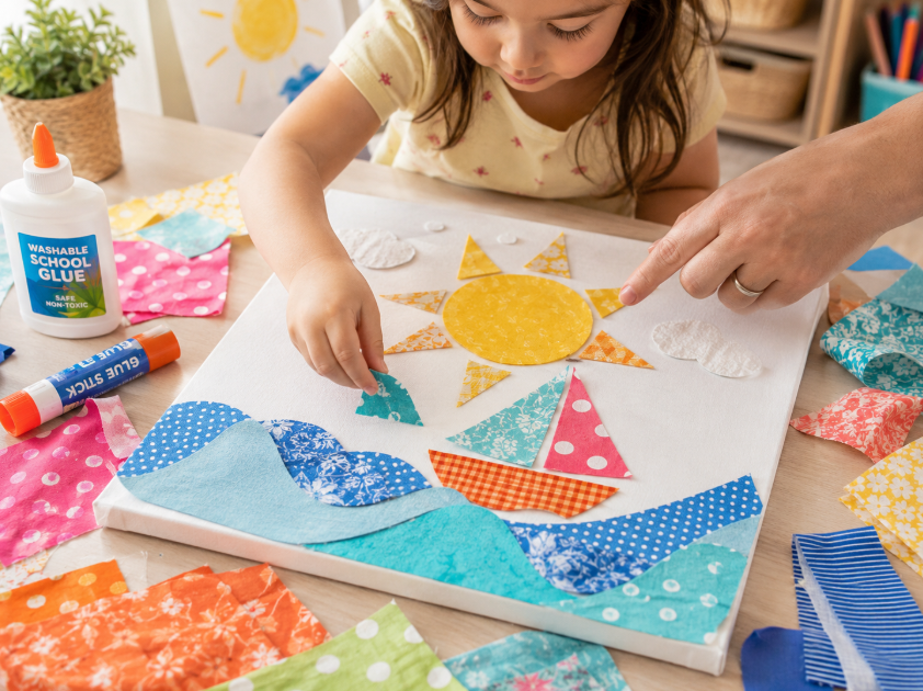 Fabric scrap collage summer craft for kids using large fabric pieces, cardstock or canvas board, and adult-supervised glue.