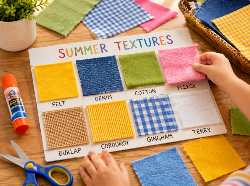 Fabric texture board summer craft using large adult-cut fabric pieces for sorting, arranging, and gluing.