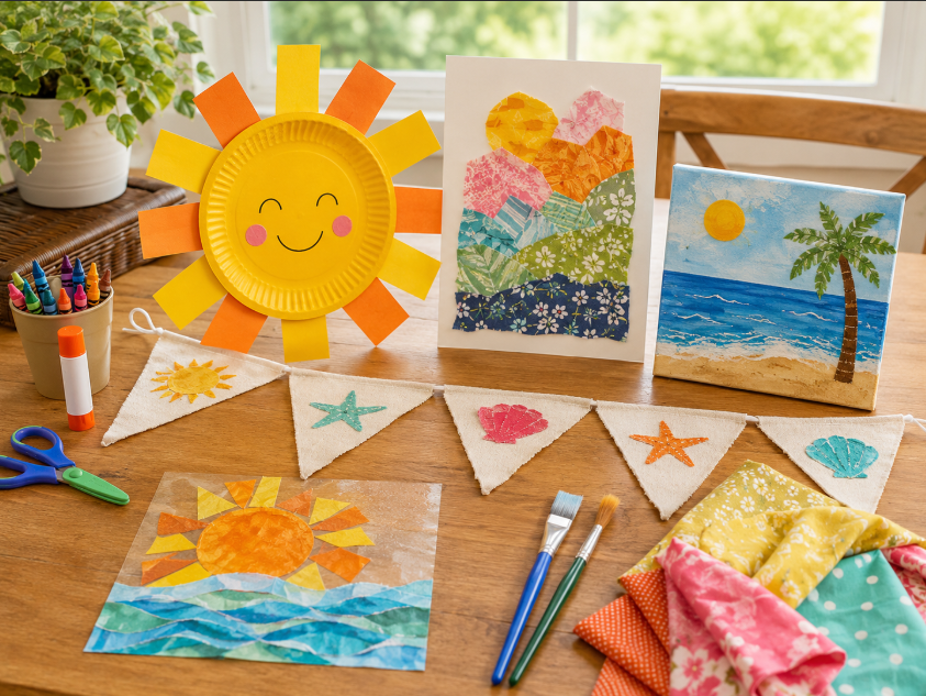 Finished summer crafts for kids on a bright craft table with paper plate sun, fabric collage, canvas painting, and summer banner