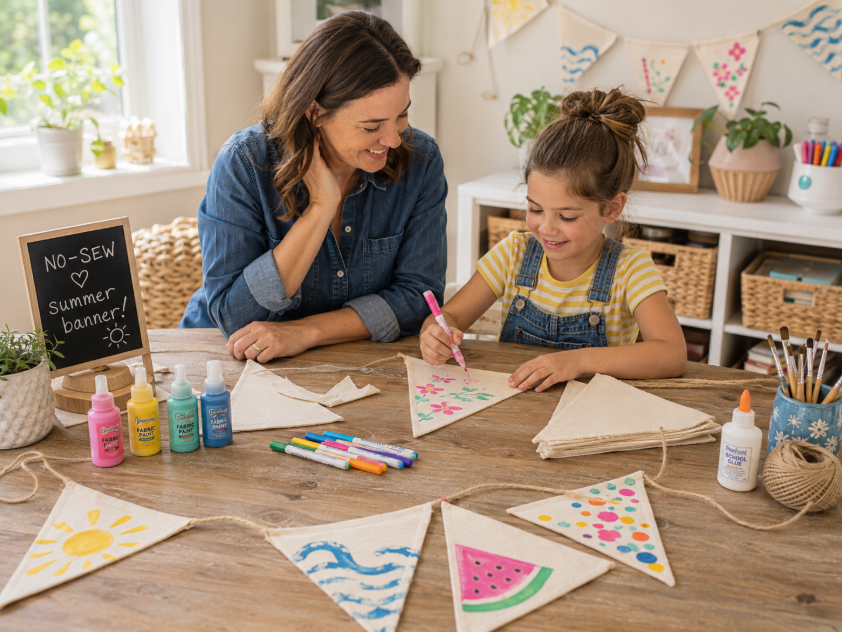 No-sew summer banner made with adult-cut muslin or cotton canvas triangles, string, and supervised decorating supplies.