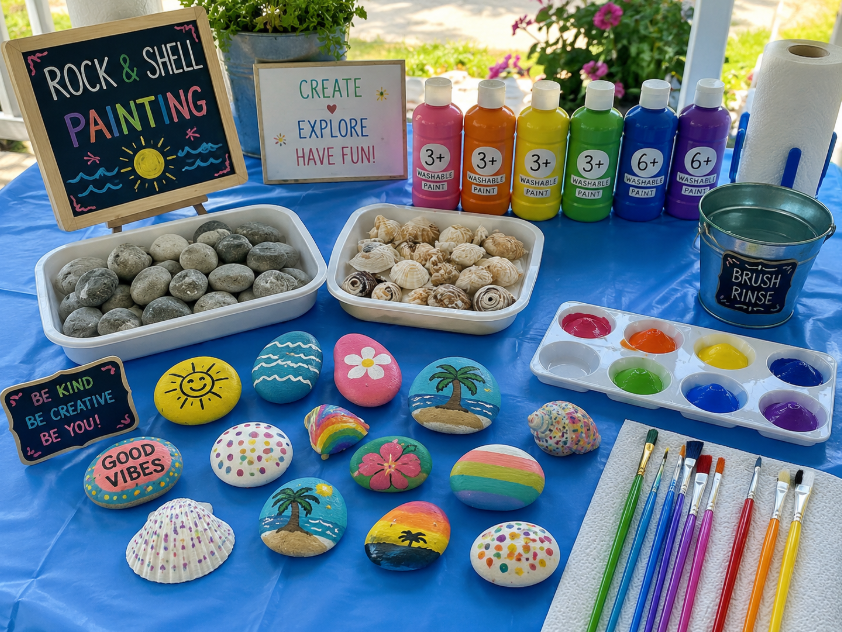 Painted rocks and shells summer craft set up on a shaded, covered surface with age-labeled paint.