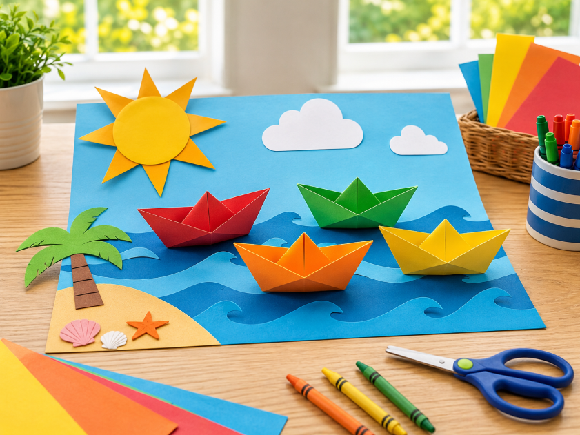 Paper boat ocean scene with folded boats, blue background paper, and large summer-themed shapes.