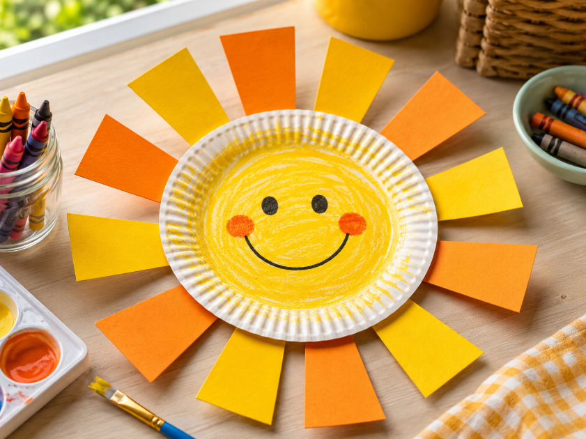 Paper plate sun summer craft for kids using large paper pieces, crayons or washable paint, and adult-prepped sun rays.