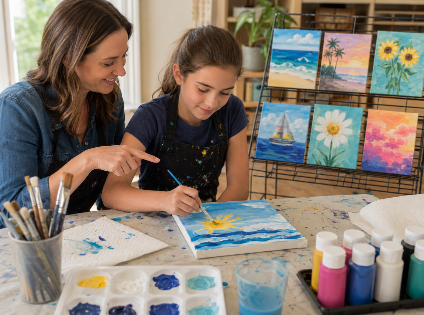 Supervised canvas painting panel for older kids using age-labeled paint, brushes, and a prepared drying area.