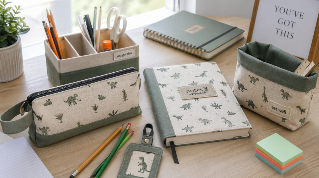 Coordinated back-to-school DIY school supplies including a canvas pencil pouch, fabric book cover, backpack tag, reusable snack bag, and homework caddy arranged on a desk.