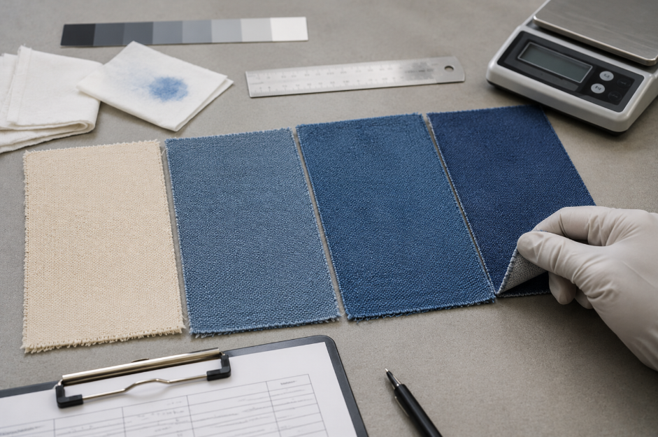 Dry dyed canvas swatches being compared with an undyed control and white rubbing-test cloths