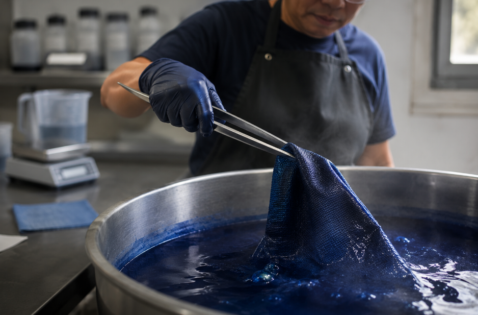 Heavyweight cotton canvas sample being moved through a controlled blue immersion dye bath