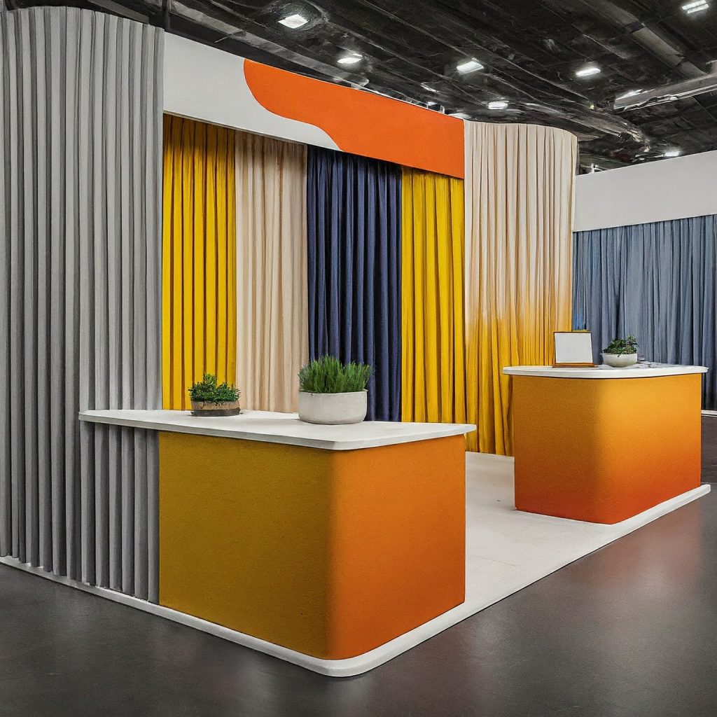 Vibrant pipe and drape fabric highlights a trade show booth, attracting visitors