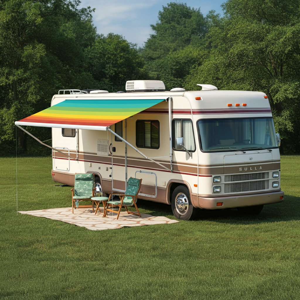 RV with a vibrant Sunbrella awning creating a comfortable outdoor living area