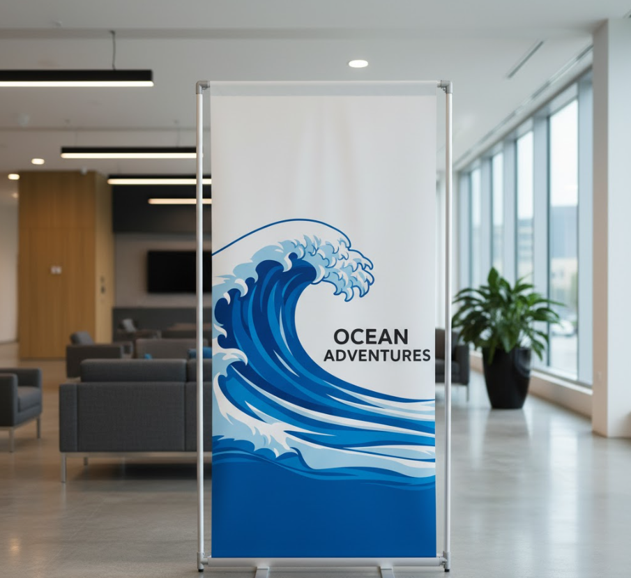 Premium dye-sublimated polyester fabric banner stand with vibrant colors and non-glare finish displayed at an indoor trade show booth.