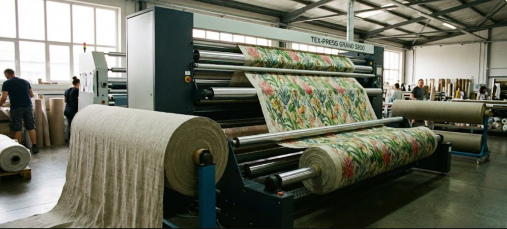 Industrial grand format roll-to-roll textile printer feeding 126-inch wide polyester fabric for soft signage production.