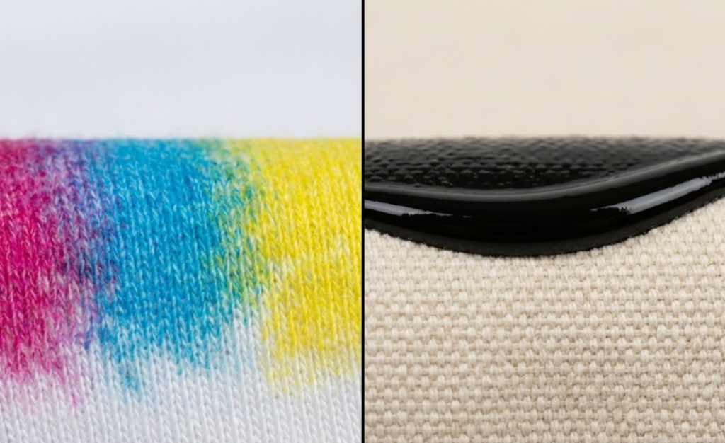 Macro comparison of dye-sublimation ink dyed into polyester fibers versus UV-curable ink cured on the surface of Number 10 cotton duck canvas.