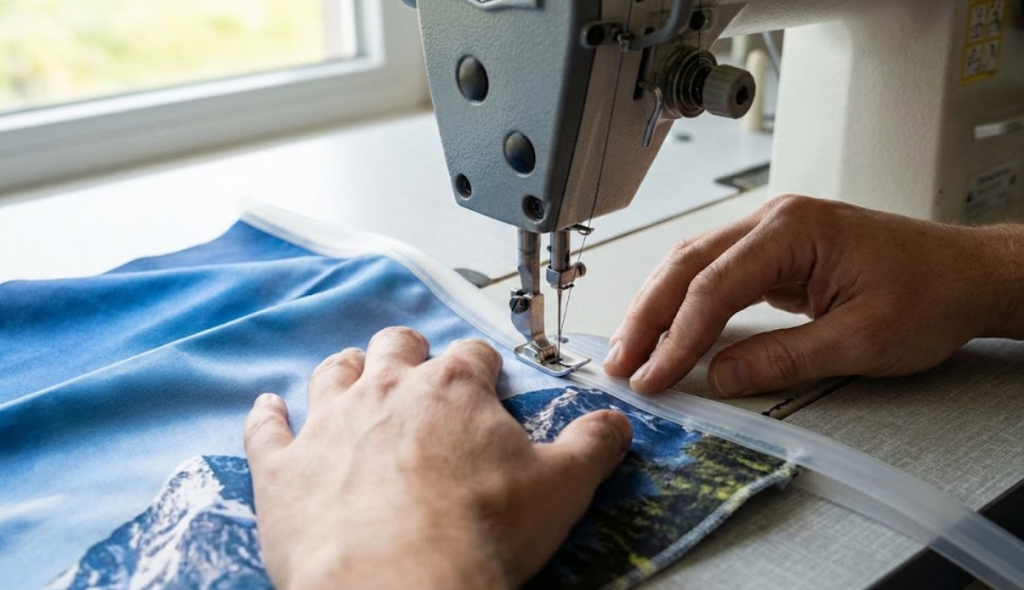 Sewing a silicone keder strip onto the edge of printed polyester tension fabric for Silicone Edge Graphics (SEG) finishing.