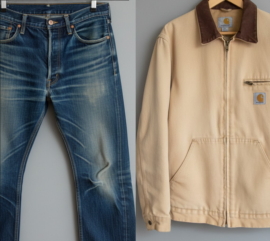 Aging comparison showing high-contrast indigo whiskers and honeycombs on raw denim versus the uniform color fading and rugged patina of a vintage cotton duck jacket.