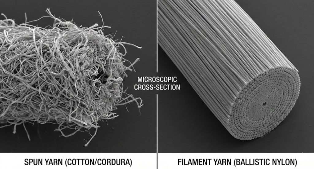 Microscope comparison showing fuzzy spun yarn versus smooth continuous filament yarn used in high tenacity nylon 6,6 ballistic fabric.