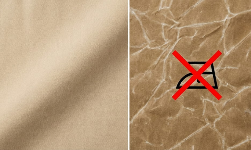 Comparison of untreated cotton duck versus waxed canvas texture to identify which fabric is safe to iron.