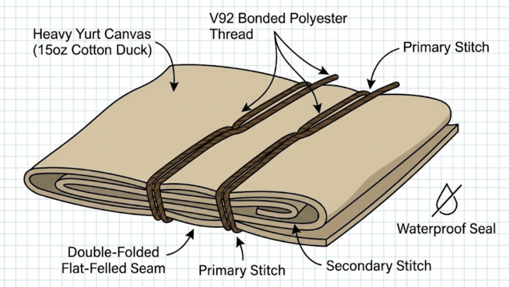 Cross-section diagram of a waterproof double-folded flat-felled seam sewn with V92 bonded polyester thread on heavy yurt canvas.