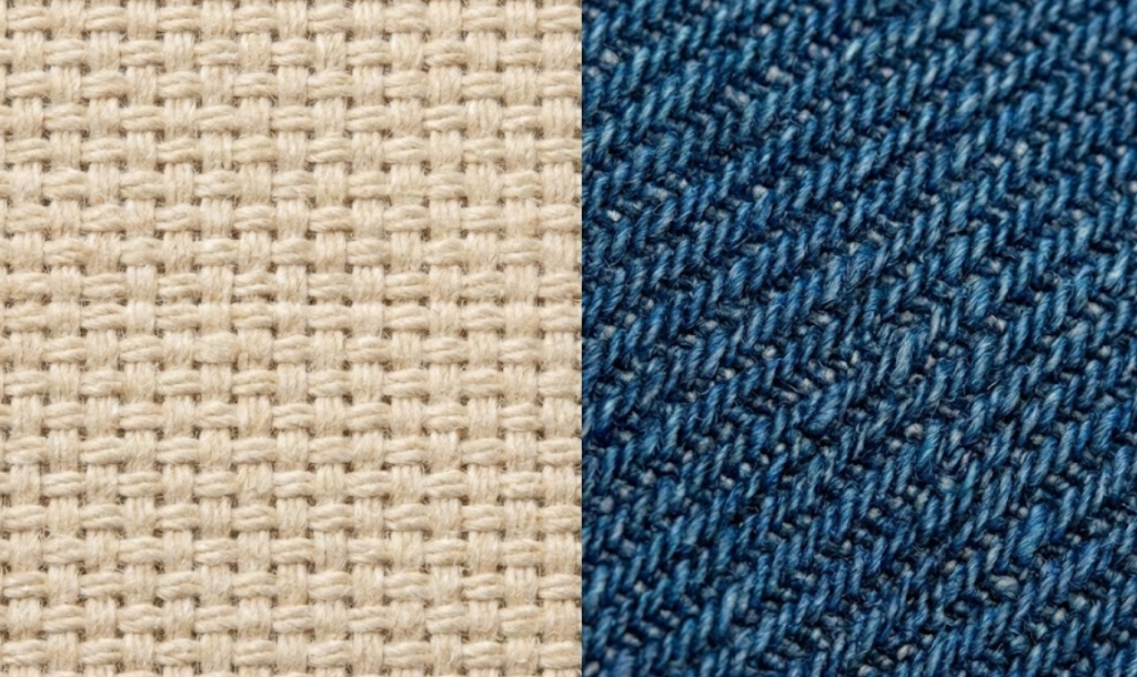 Macro close-up comparison of 12oz duck canvas plain weave structure versus cotton twill diagonal weave pattern showing yarn interlocking.