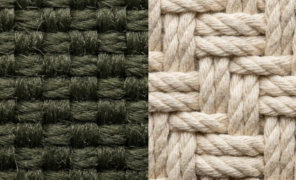 Macro comparison of 1000D Cordura Nylon air-jet textured weave versus Cotton Canvas Duck 2x2 plied yarn weave structure showing texture differences.