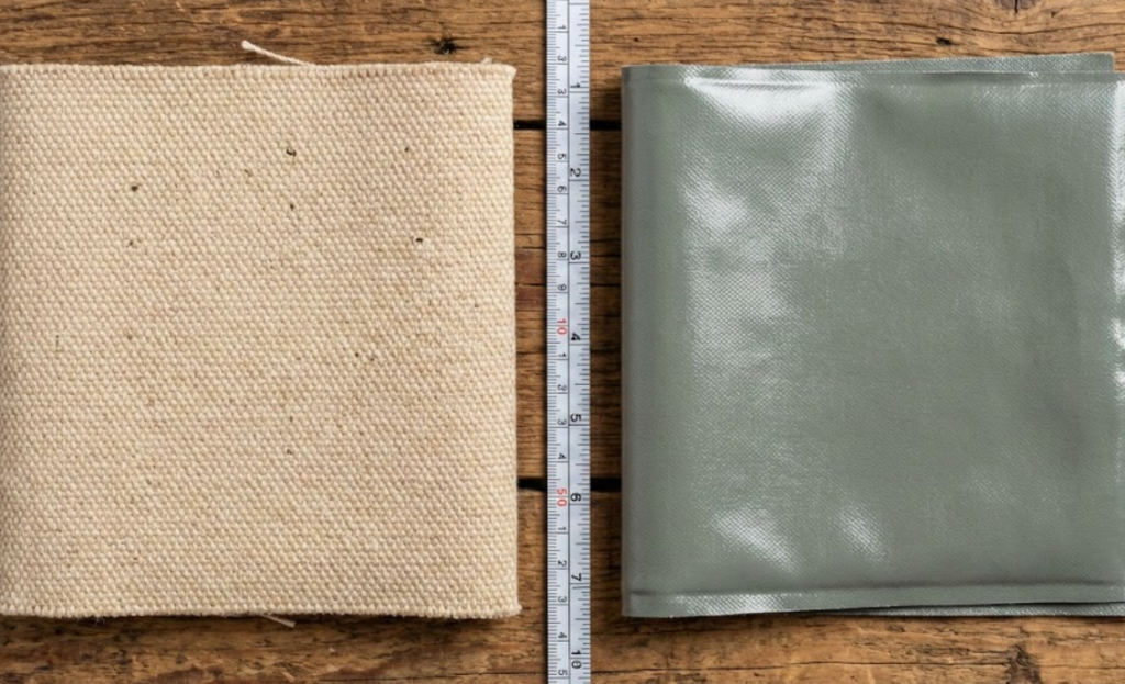 Macro comparison of 15oz army duck cotton weave and waterproof PVC-coated poly-cotton yurt fabric.