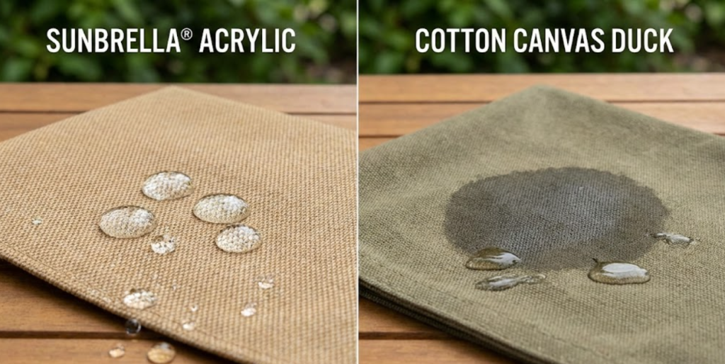 Side-by-side water resistance test showing liquid beading on hydrophobic Sunbrella acrylic versus moisture absorbing into natural cotton canvas duck.
