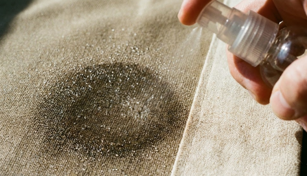 Spraying water on heavy cotton duck fabric to saturate cellulose fibers for the damp press ironing method.