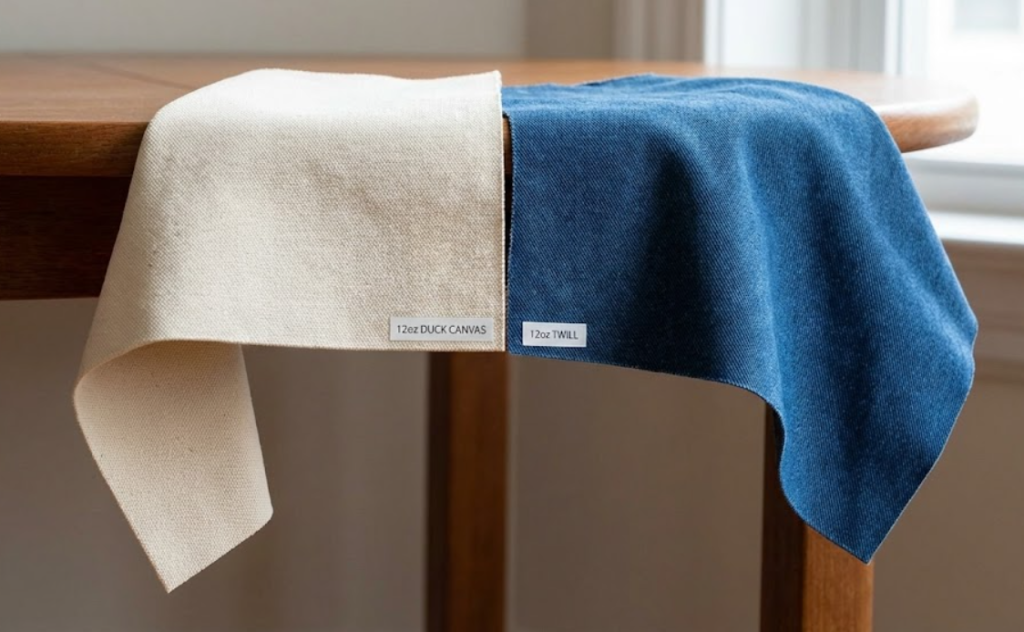 Stiffness comparison test showing rigid 12oz duck canvas holding its shape versus pliable cotton twill fabric draping over a table edge.