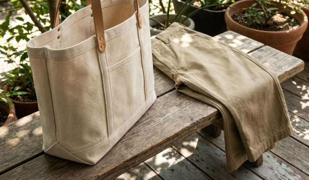 Structured heavy-duty duck canvas tote bag standing upright compared to flexible cotton twill chino work pants.