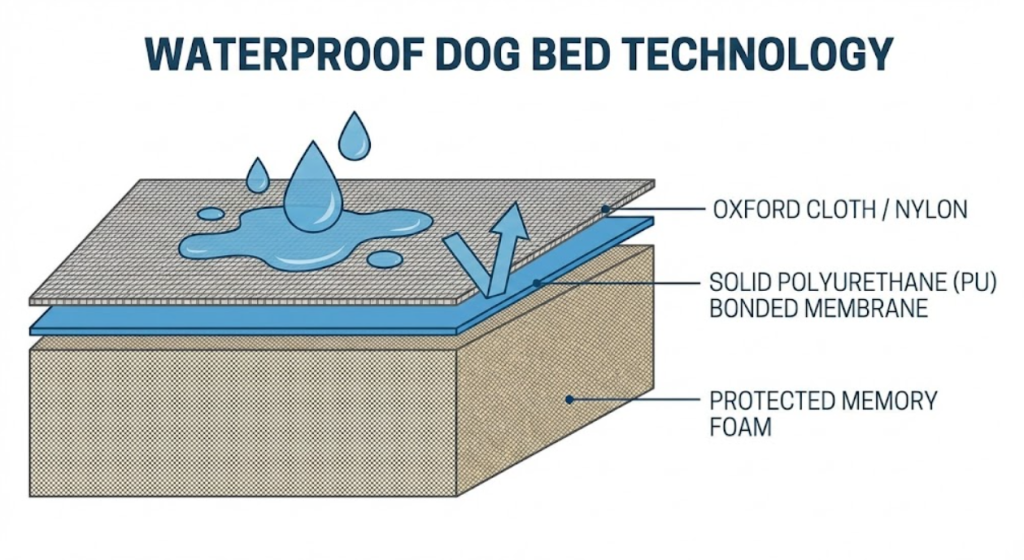 Technical cross-section diagram illustrating a permanent polyurethane waterproof membrane bonded to dog bed fabric protecting orthopedic memory foam from moisture.