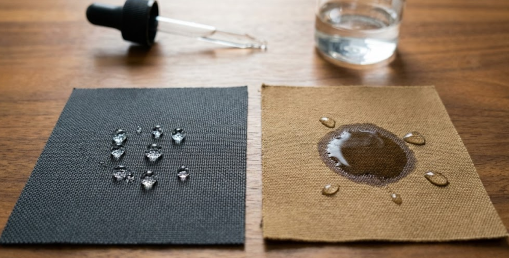 Water resistance test showing water beading on DWR coated Cordura fabric compared to water absorbing into untreated Cotton Canvas Duck cloth.