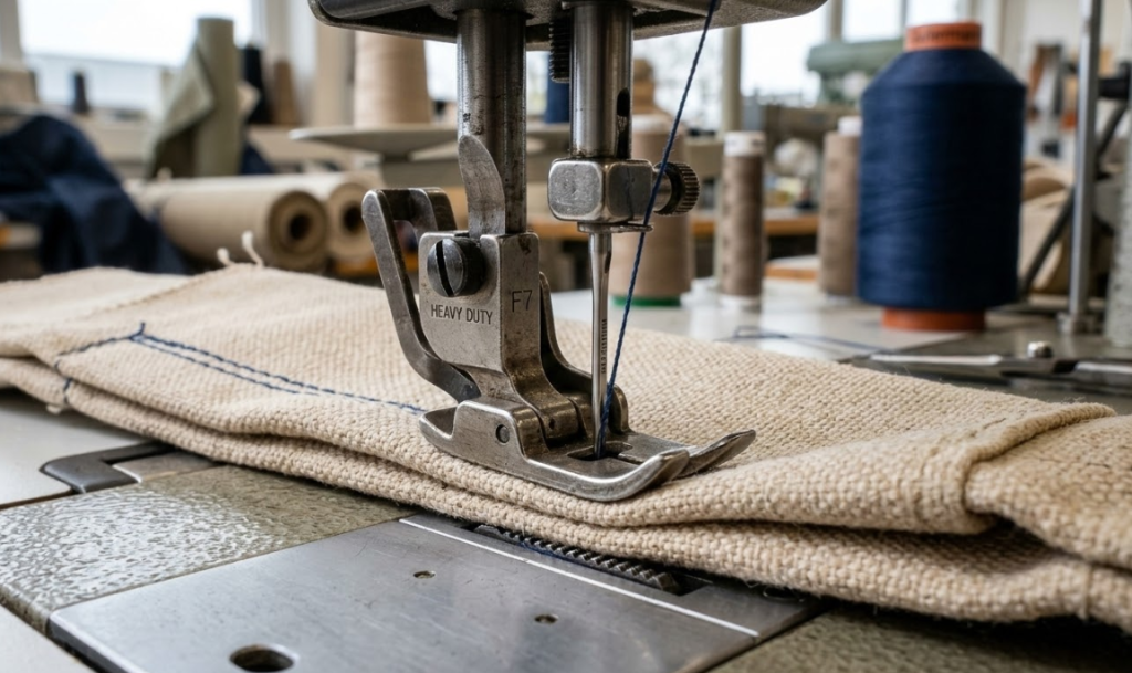 A size 100/16 denim sewing needle piercing multiple layers of 12 oz heavy-duty cotton duck canvas using heavy-weight polyester core thread.