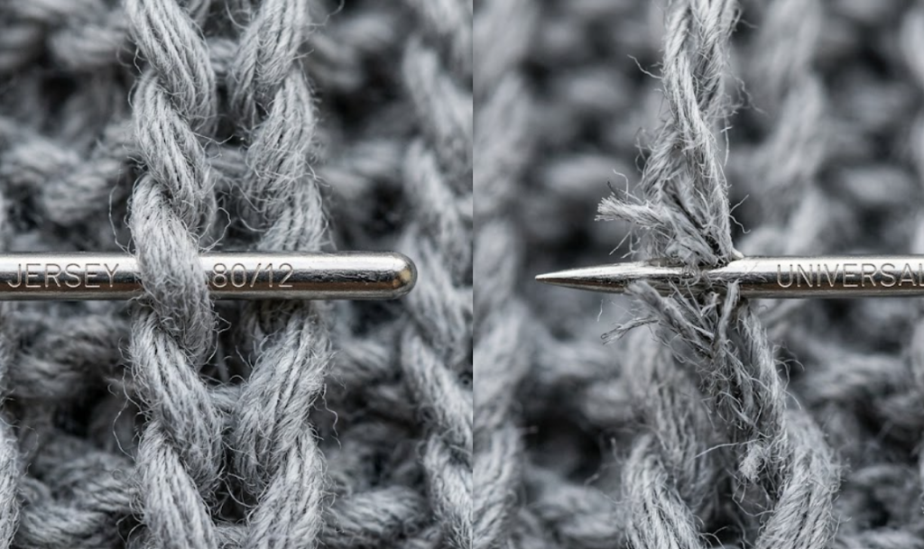 Close-up of a size 80/12 ballpoint sewing machine needle sliding between cotton jersey knit yarn loops to prevent fiber breakage and skipped stitches.