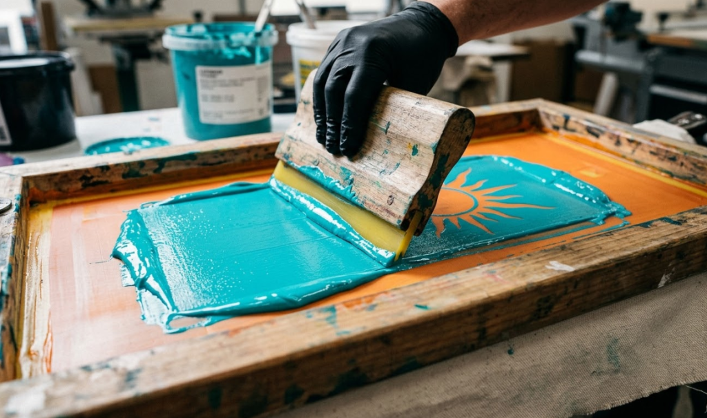 Close-up of a squeegee pushing liquid plastisol ink through a porous mesh screen stencil onto heavyweight 100% cotton fabric.