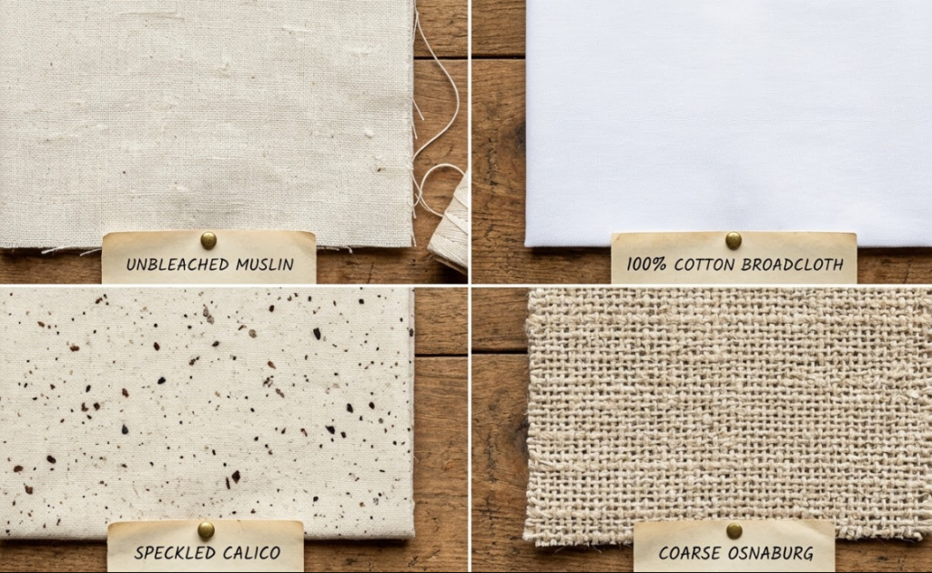 Close-up texture comparison of four cheap cotton material types: unbleached muslin, smooth broadcloth, speckled calico, and coarse osnaburg fabric.