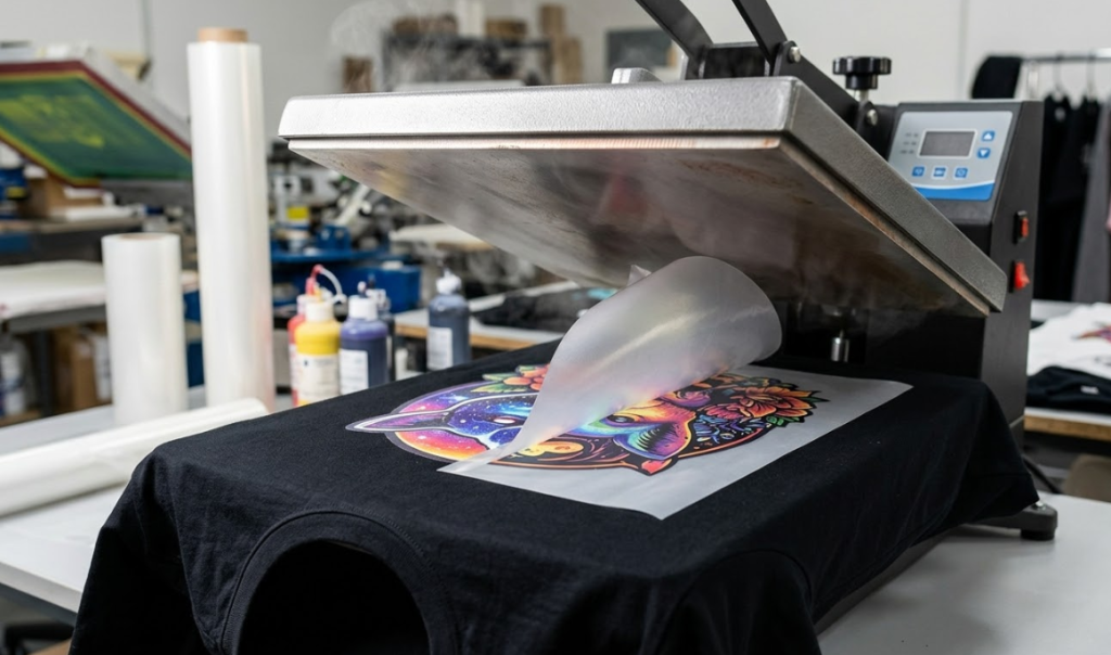 Commercial heat press applying a full-color Direct-to-Film DTF transfer onto black 100 percent natural cotton fabric