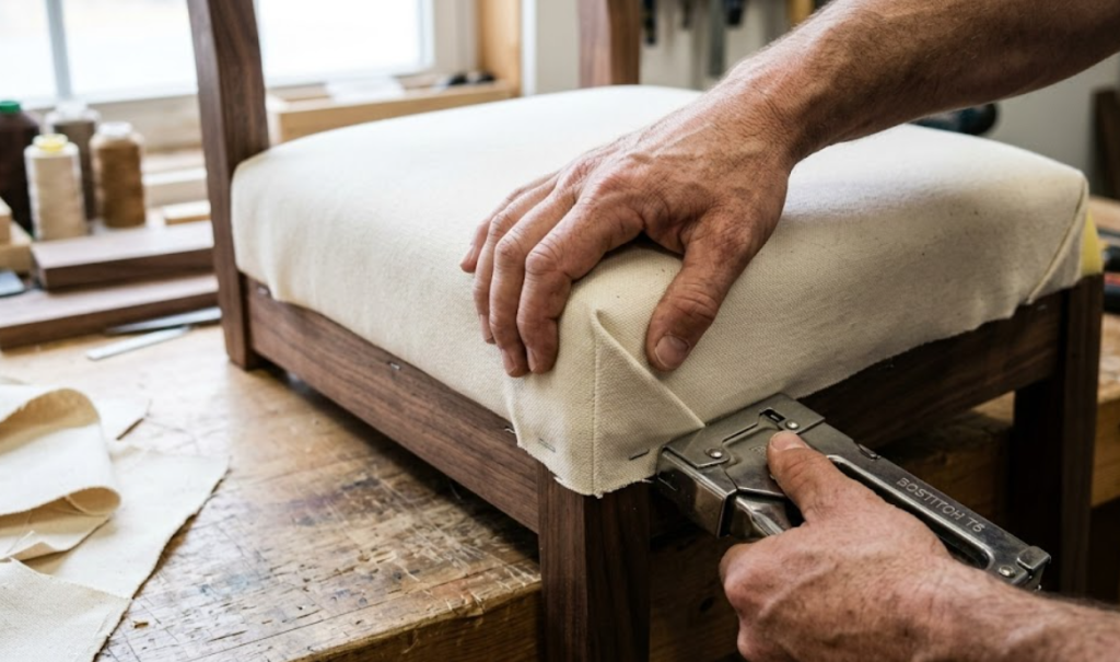 DIY reupholstery process stretching heavy cotton duck canvas tightly over a dining chair seat cushion.