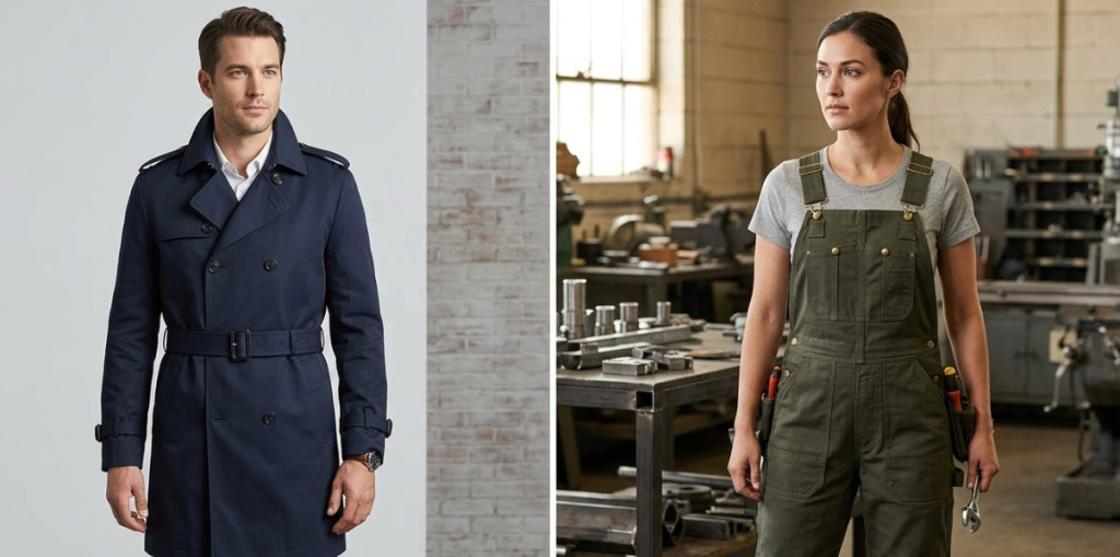 Garment applications showing structured worsted gabardine trousers next to heavy-duty standard cotton twill industrial workwear.