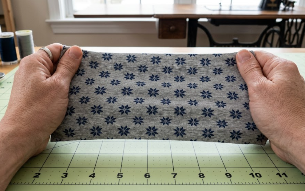 Hands stretching a cotton-spandex blend jersey fabric across a cutting mat to demonstrate 4-way chemical stretch and high shape recovery.