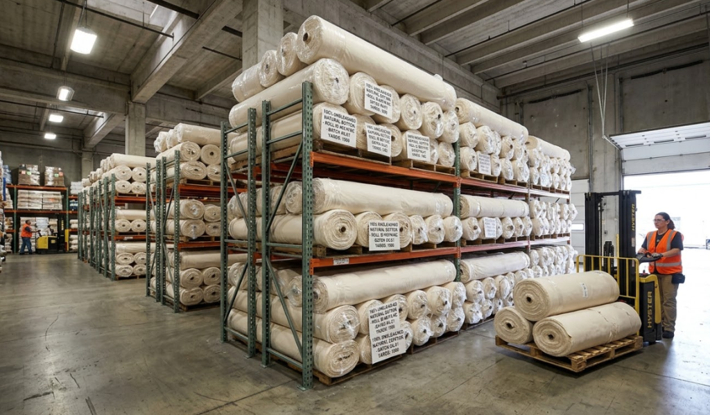 Large industrial rolls of wholesale budget cotton textiles and greige goods stacked on warehouse shelving for bulk manufacturing.
