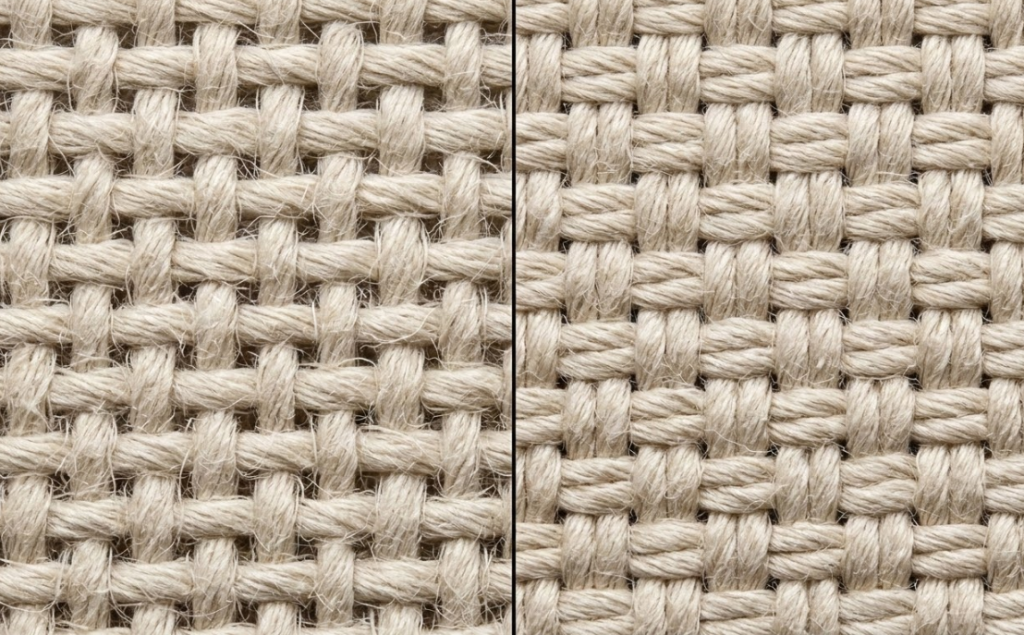 Macro photography comparing the tight double-warp plain weave of cotton duck canvas against the loose single-fill weave of standard cotton canvas.