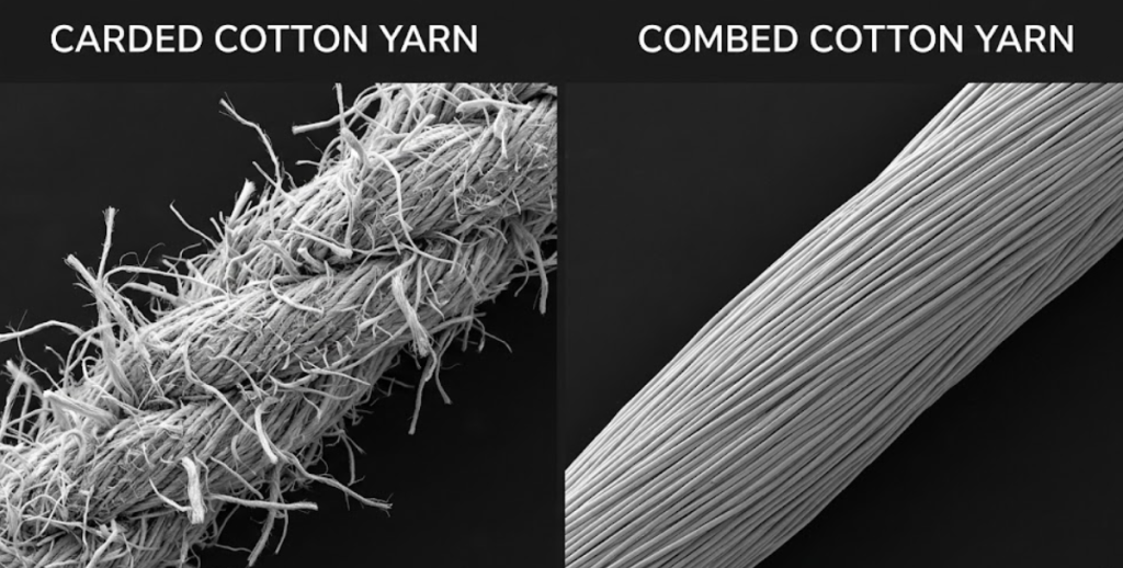 Microscopic view of carded cotton yarn showing protruding short fibers compared to the smooth, uniform structure of combed cotton yarn.