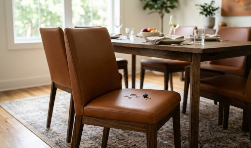Modern dining room chairs upholstered in stain-resistant pigmented leather and wipeable performance material.