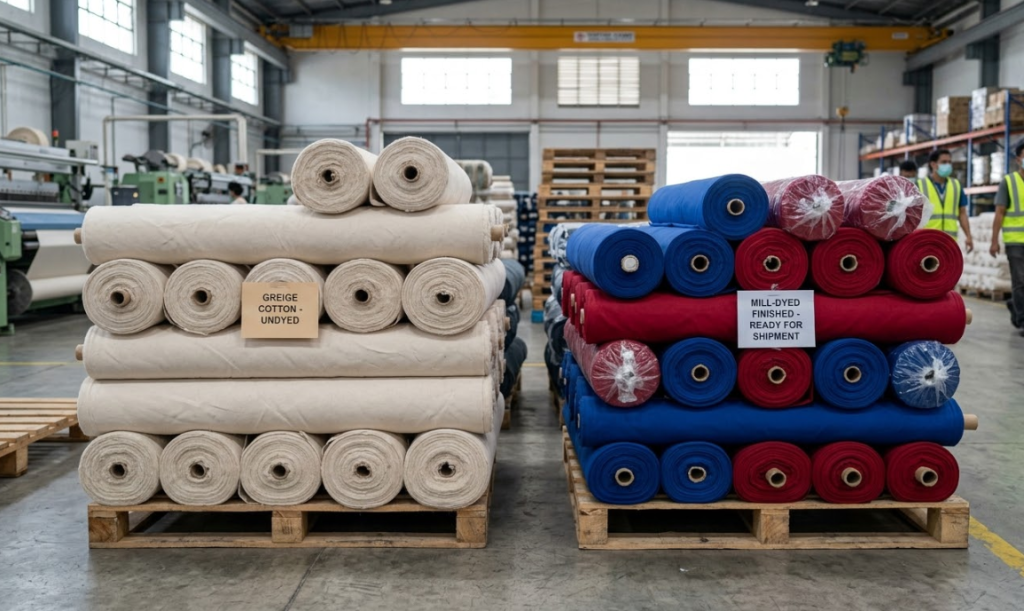 Raw unbleached greige cotton fabric rolls stacked next to finished mill-dyed blue wholesale cotton textiles on a factory floor.