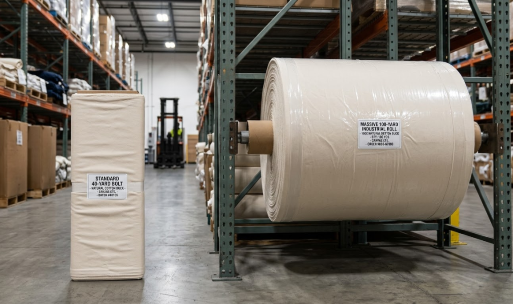 Side-by-side comparison of a 40-yard standard cotton fabric bolt and a 100-yard industrial textile roll on a commercial warehouse rack.