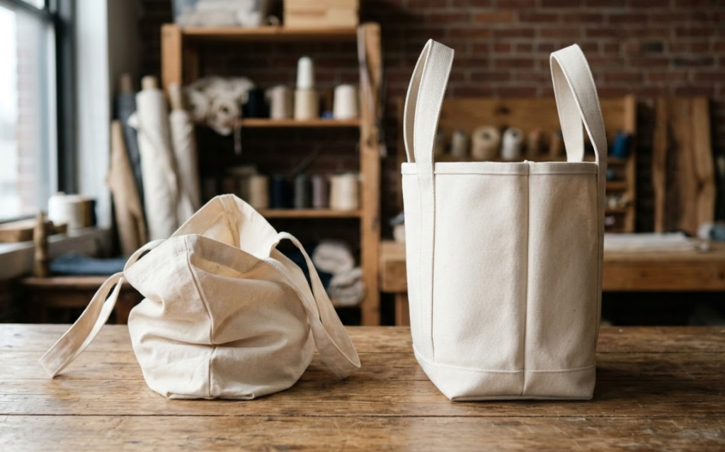 Side-by-side structural comparison of a lightweight 6 oz promotional canvas tote bag and a rigid 12 oz heavy-duty cotton duck canvas tote bag.