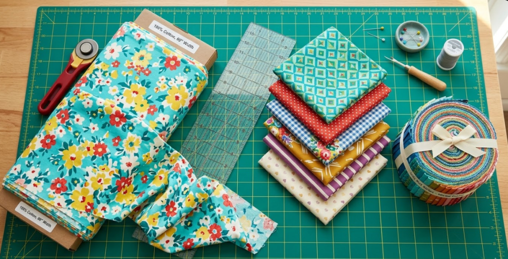 Standard purchasing formats for unblended cotton textiles displaying continuous yardage on a bolt, pre-cut fat quarters, and rolled fabric strips.